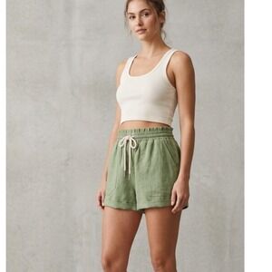 Love Tree Linen Blend Smocked Paperbag Waist Drawstring Shorts Green‎ Small